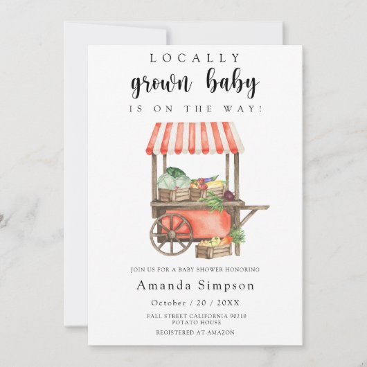 地元で栽培されたベビー農家市場カート赤ちゃんシャワー 招待状 (正面)