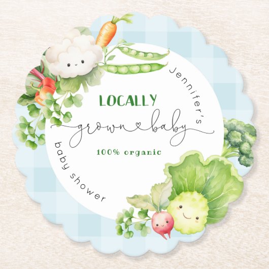 地元で栽培されたベビー農家市場ブルーベビーシャワー ペーパーコースター (正面)