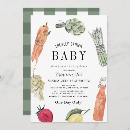 地元で栽培されたベビー農家市場ベビーシャワー 招待状 (正面/裏面)