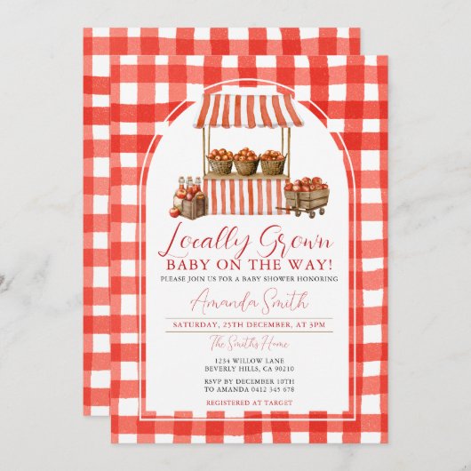 地元で栽培されたリンゴ市場ベビーシャワーギンガム 招待状 (正面/裏面)