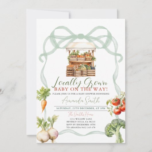 地元で栽培された新鮮な市場の赤ちゃんシャワーにボウ 招待状 (正面)
