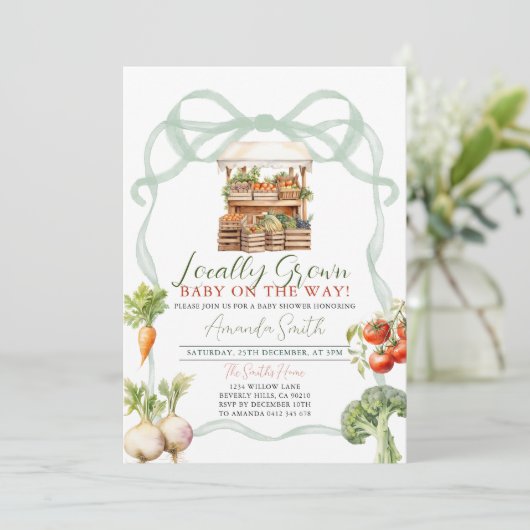 地元で栽培された新鮮な市場の赤ちゃんシャワーにボウ 招待状 (スタンド正面)