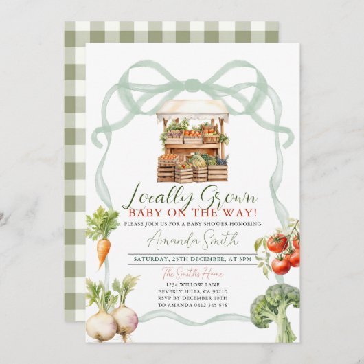 地元で栽培された新鮮な市場の赤ちゃんシャワーにボウ 招待状 (正面/裏面)