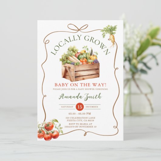 地元で栽培された新鮮な市場Veggieベビーシャワーにボウ 招待状 (スタンド正面)