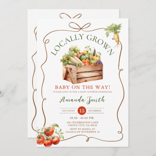 地元で栽培された新鮮な市場Veggieベビーシャワーにボウ 招待状 (正面/裏面)