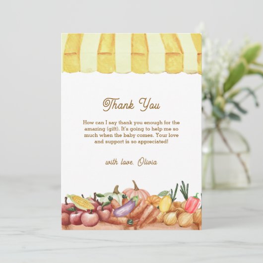 地元で栽培された水色の野菜フルーツ赤ちゃんシャワー サンキューカード (スタンド正面)