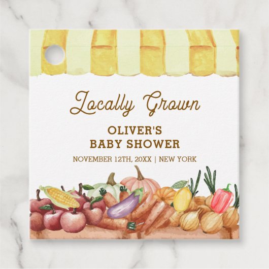 地元で栽培された水色の野菜フルーツ赤ちゃんシャワー フェイバータグ (正面)