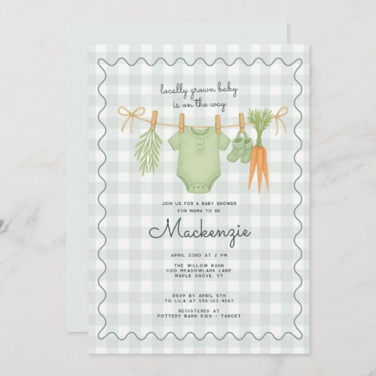 地元で栽培された物干し用ベビーシャワー 招待状 (正面/裏面)
