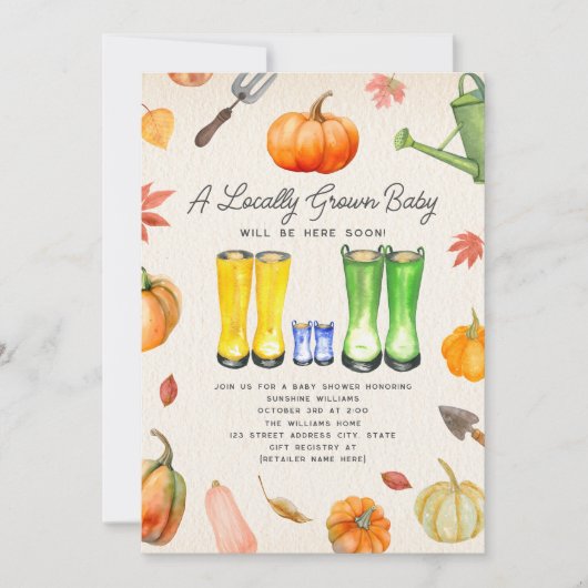 地元で栽培された秋カボチャのパッチ少年の赤ちゃんシャワー 招待状 (正面)