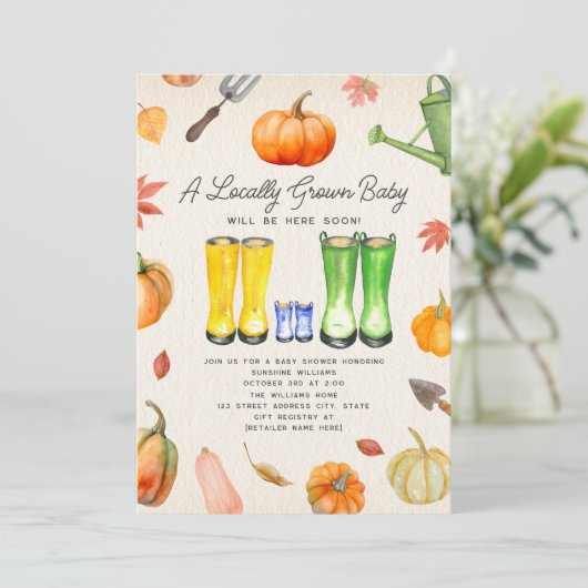 地元で栽培された秋カボチャのパッチ少年の赤ちゃんシャワー 招待状 (スタンド正面)