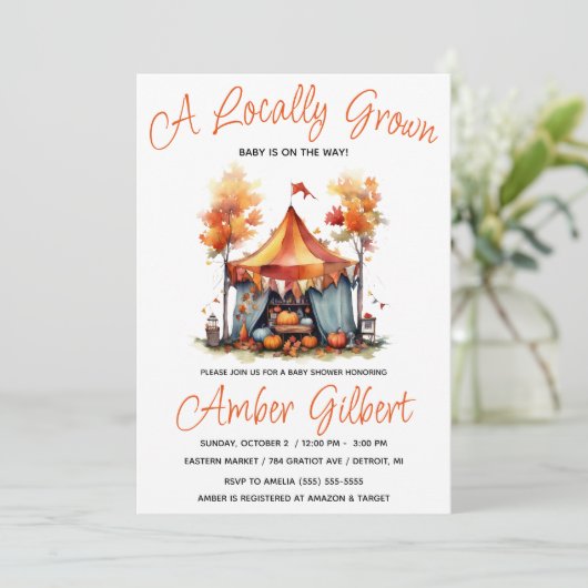 地元で栽培された秋ファーマーズマーケットベビーシャワー 招待状 (スタンド正面)