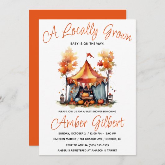 地元で栽培された秋ファーマーズマーケットベビーシャワー 招待状 (正面/裏面)
