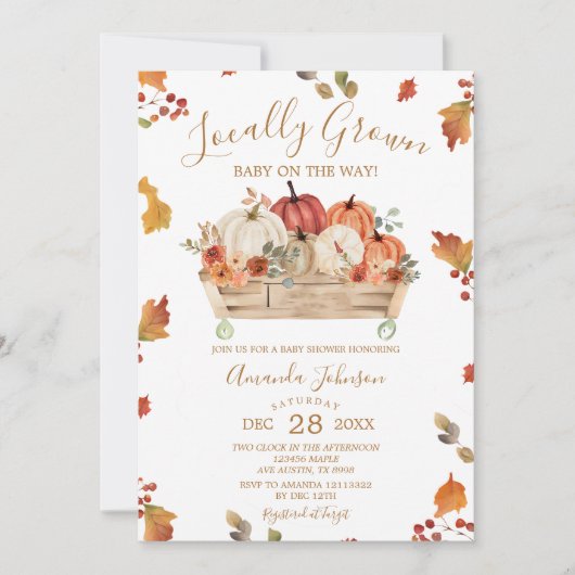 地元で栽培された紅葉カボチャ赤ちゃんシャワー 招待状 (正面)