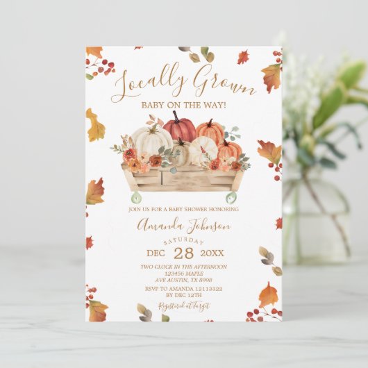 地元で栽培された紅葉カボチャ赤ちゃんシャワー 招待状 (スタンド正面)