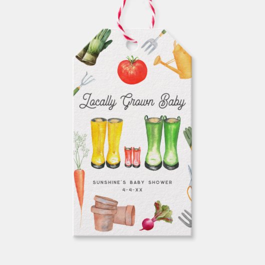 地元で栽培された赤いブーツガーデン赤ちゃんシャワー ギフトタグ (正面)