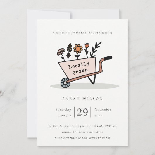 地元で栽培された赤面フローラカート赤ちゃんシャワー招待状 サンキューカード (正面)