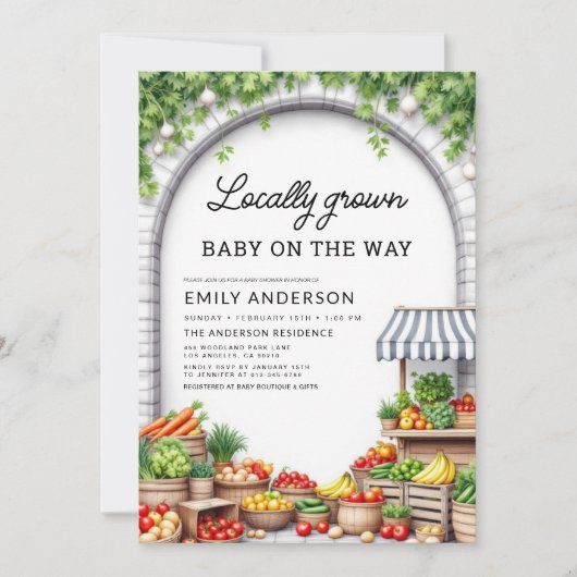 地元で栽培された農家市場が赤ちゃんシャワーを生成 招待状 (正面)