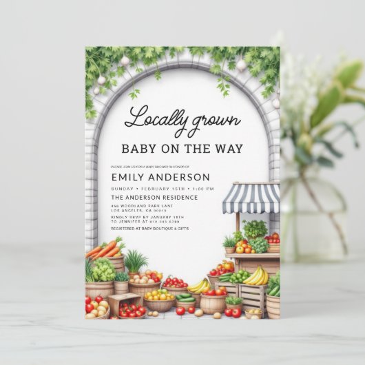 地元で栽培された農家市場が赤ちゃんシャワーを生成 招待状 (スタンド正面)