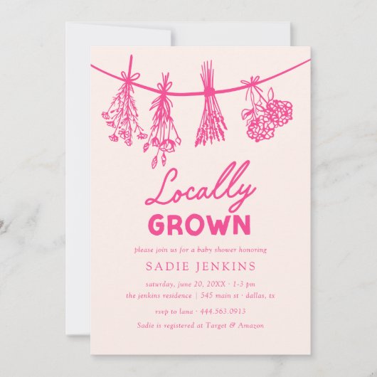地元で栽培された農家市場ピンクの赤ちゃんシャワー 招待状 (正面)