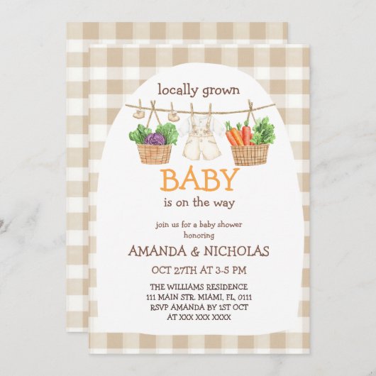 地元で栽培された野菜のベビーシャワー 招待状 (正面/裏面)
