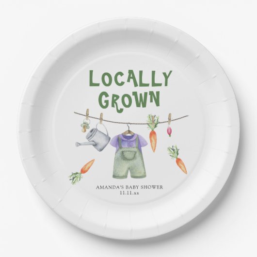 地元で栽培された野菜の水色ベビーシャワー ペーパープレート (正面)