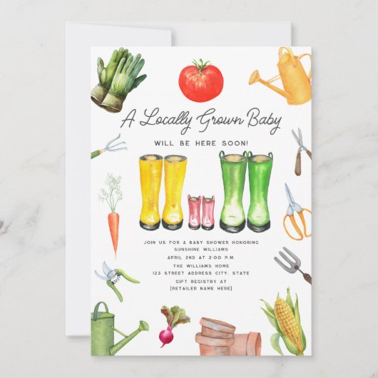 地元で栽培された野菜ガーデンガールベビーシャワー 招待状 (正面)