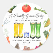 地元で栽培された青いブーツ野菜ベビーシャワー ラウンドシール (正面)