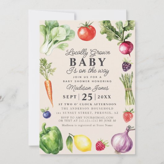 地元で素朴栽培された農家市場赤ちゃんシャワー 招待状 (正面)