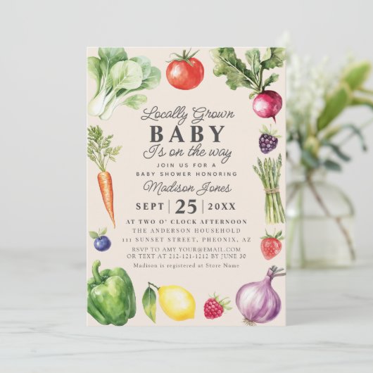 地元で素朴栽培された農家市場赤ちゃんシャワー 招待状 (スタンド正面)