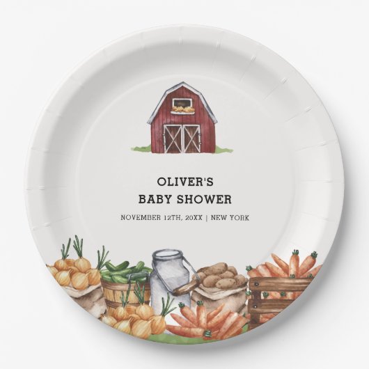 地元で素朴栽培された野菜の赤ちゃんシャワー ペーパープレート (正面)