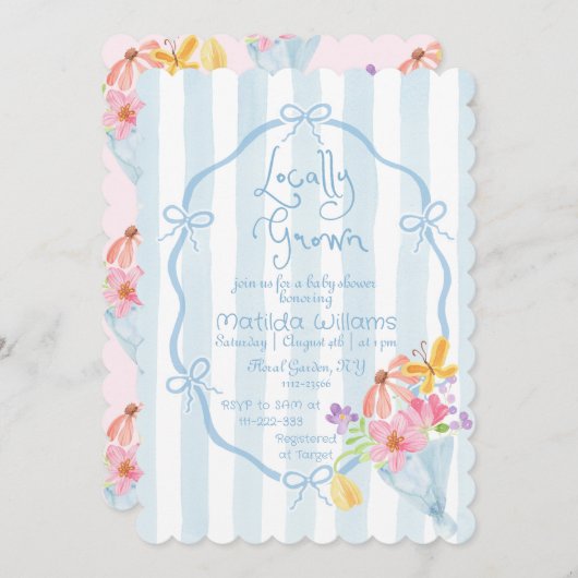 地元で育ったお洒落青とピンクの赤ちゃんシャワー 招待状 (正面/裏面)