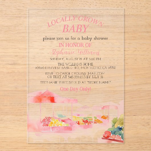 地元で育ったベビー農家市場ベビーガールシャワー アクリル招待状 (正面)