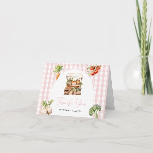 地元で育った新鮮な市場ベビーシャワーギンガム サンキューカード (正面)
