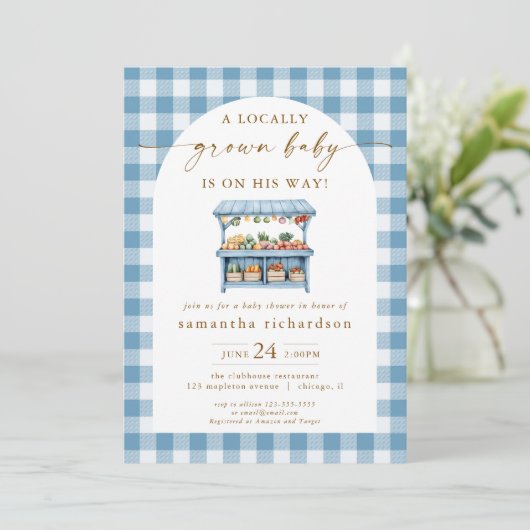 地元で育った男の赤ちゃんが彼の方法の赤ちゃんシャワー 招待状 (スタンド正面)