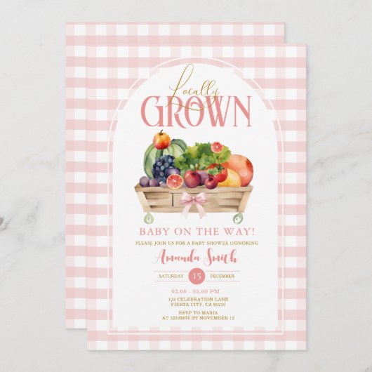 地元で育った赤ちゃんシャワーピンクのギンガムの招待 招待状 (正面/裏面)