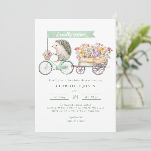 地元で育った赤ちゃんシャワー招待状グリーン花模様 招待状 (スタンド正面)