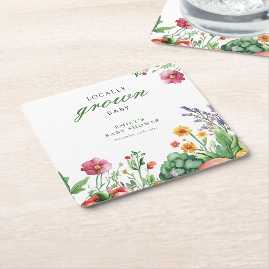 地元で育った農家市場の赤ちゃんシャワー スクエアペーパーコースター (アングル)