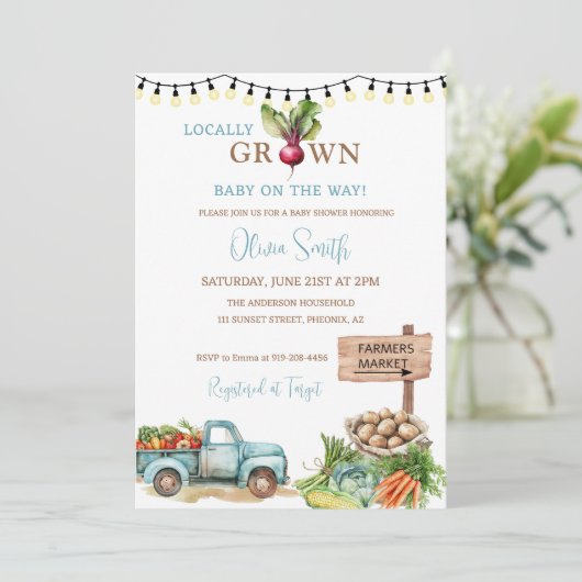 地元で育った農家市場の赤ちゃんシャワー 招待状 (スタンド正面)