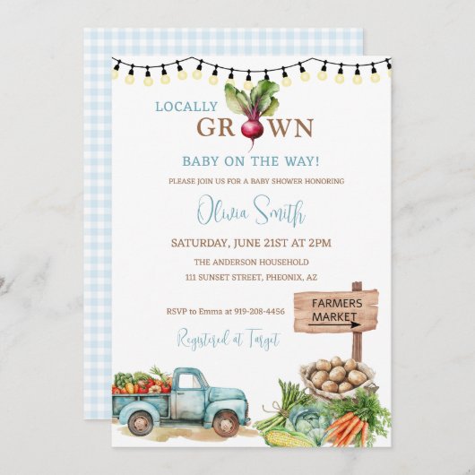 地元で育った農家市場の赤ちゃんシャワー 招待状 (正面/裏面)