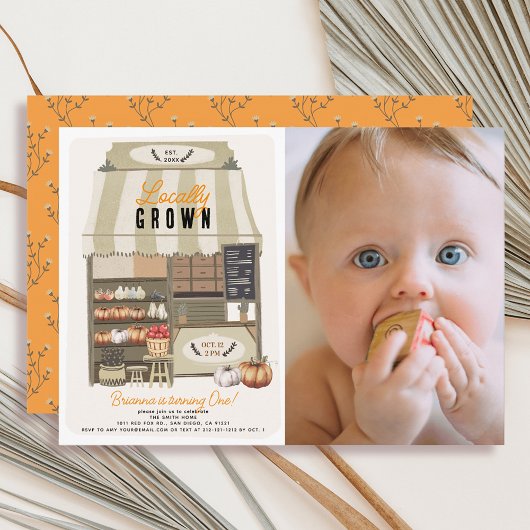 地元で育てられた市場の秋の写真1歳の誕生日 招待状