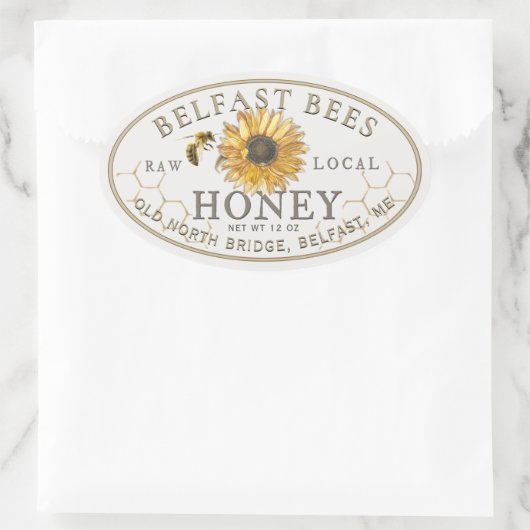 地元のハチミツのひまわりとミツバチ 楕円形シール (バッグ)