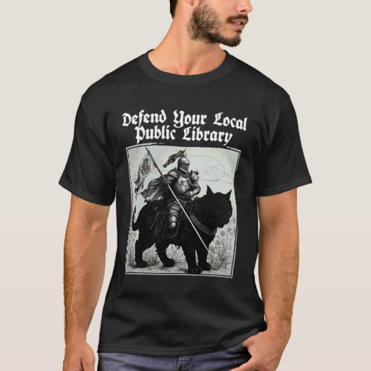 地元の公共図書館を守る騎士 笑える猫 Tシャツ (正面)