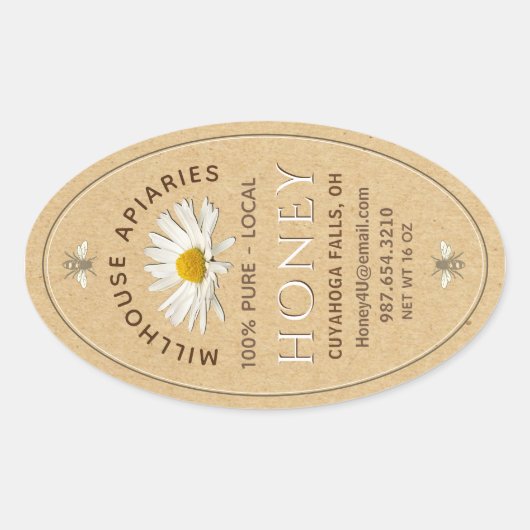 地元の手の瓶入り蜂蜜とデイジークラフト 楕円形シール (正面)