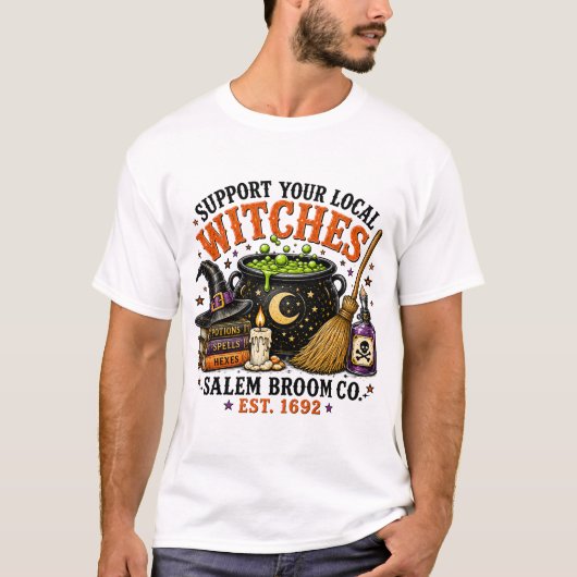 地元の魔女を応援しよう セーラムほうき会社Tシャツ Tシャツ (正面)