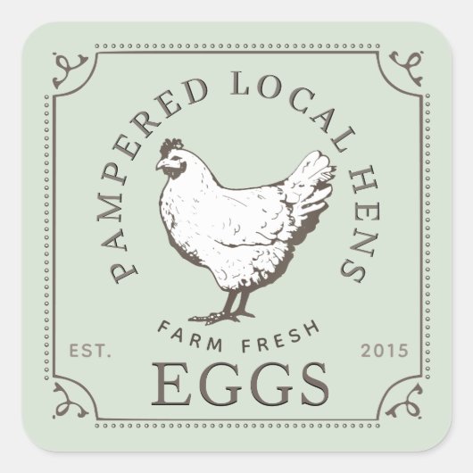 地元の鶏の農場の新鮮な卵淡い色のグリーンカートンラベル スクエアシール (正面)