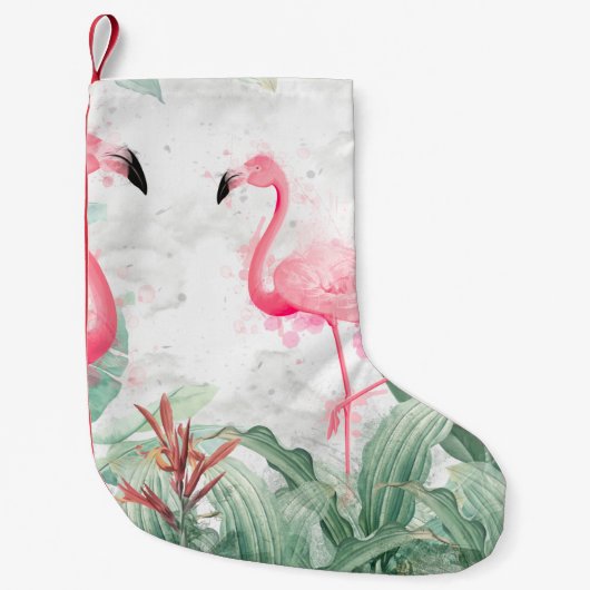 地味なバックグロの熱帯植物のフラミンゴ スモールクリスマスストッキング (正面)