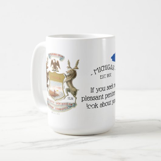地図すばらしいミシガン州および紋章付き外衣 コーヒーマグカップ (正面左)