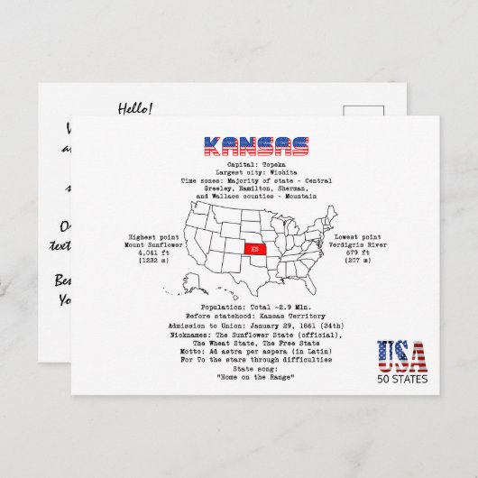 地図と有用な情報に関するカンザスアメリカ州 シーズンポストカード (正面/裏面)