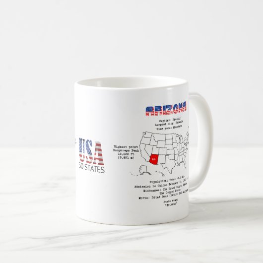 地図と有用な情報のアリゾナ州州 コーヒーマグカップ (正面右)