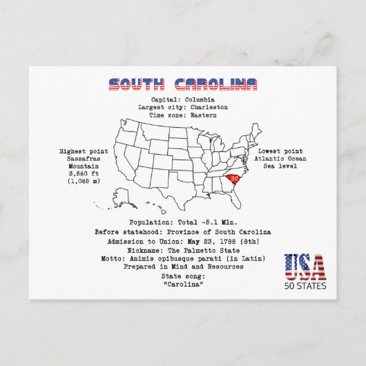 地図と詳細のサウスカロライナ州州 シーズンポストカード (正面)